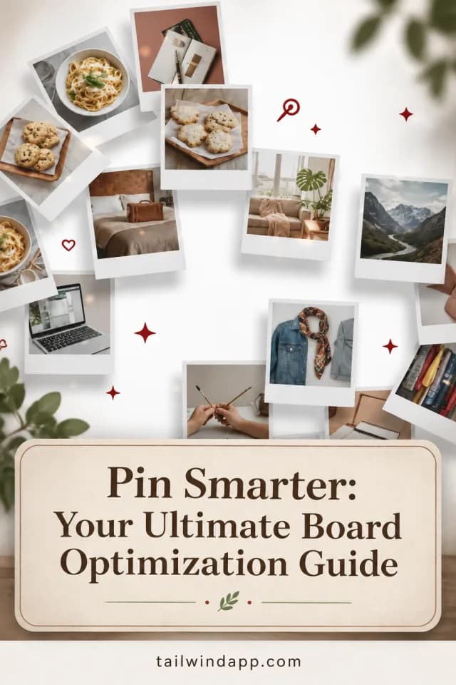 Tailwind Pin draft 3: Polaroid photos of recipes, rooms, and outfits above a cream card reading Pin Smarter: Your Ultimate Board Optimization Guide